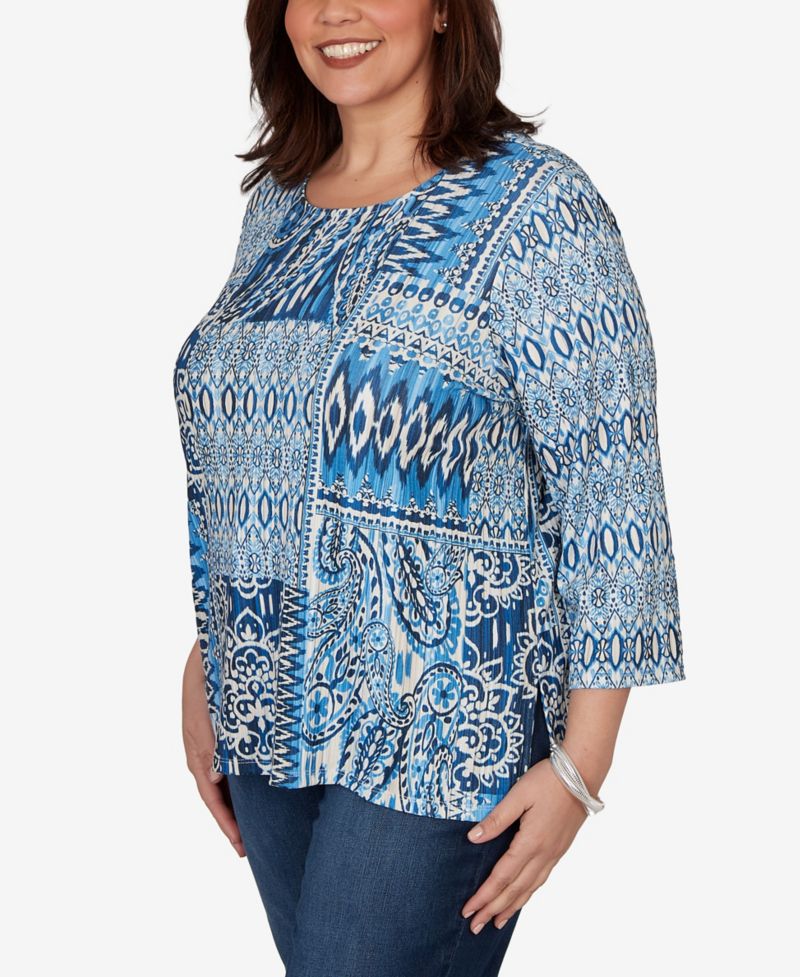 Plus Size Medallion Navy Patchwork Knit Top
