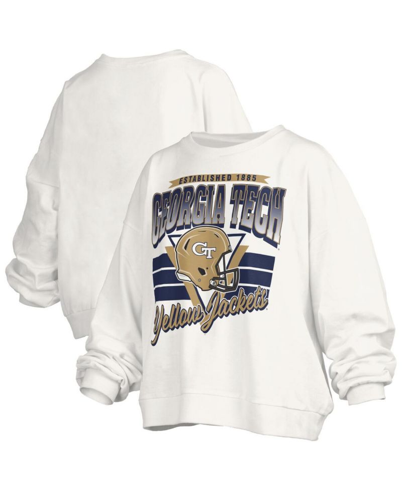 Women's White Georgia Tech Yellow Jackets Oversized Janice Retro Waist-Length Pullover Sweatshirt