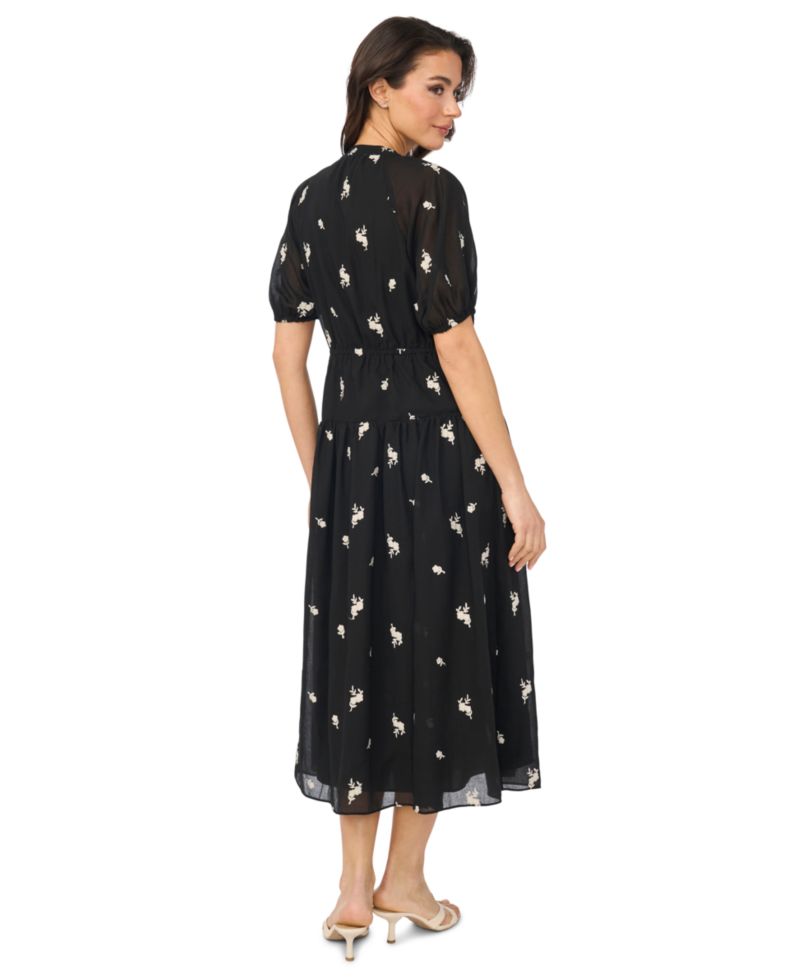 Women's Printed V-Neck Tie-Waist Midi Dress