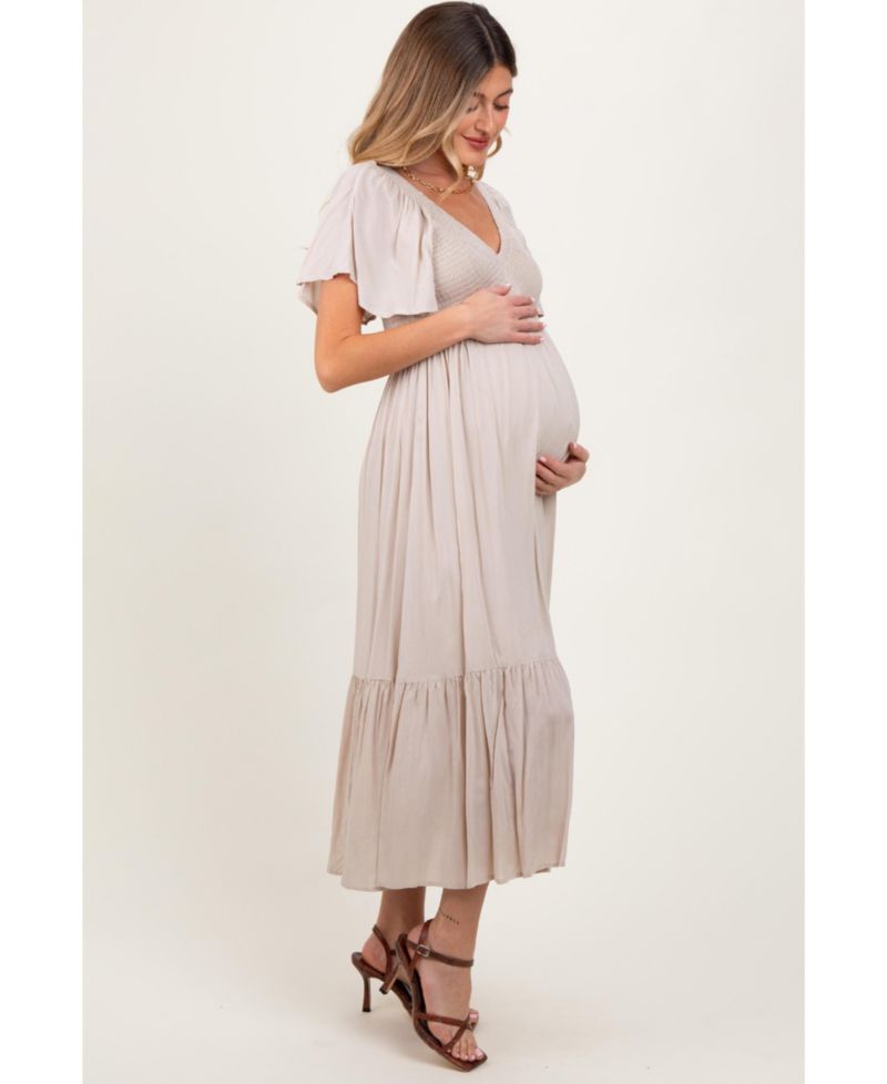 Women's Cream Smocked Flutter Sleeve Midi Dress
