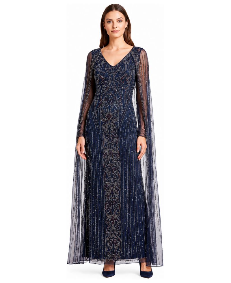 Women's V-Neck Beaded Long Cape Gown
