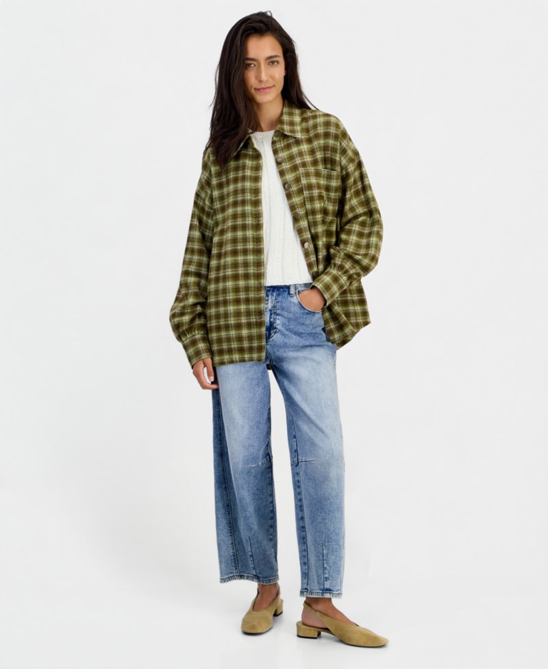 Women's Plaid Oversized Flannel Button-Up Shirt