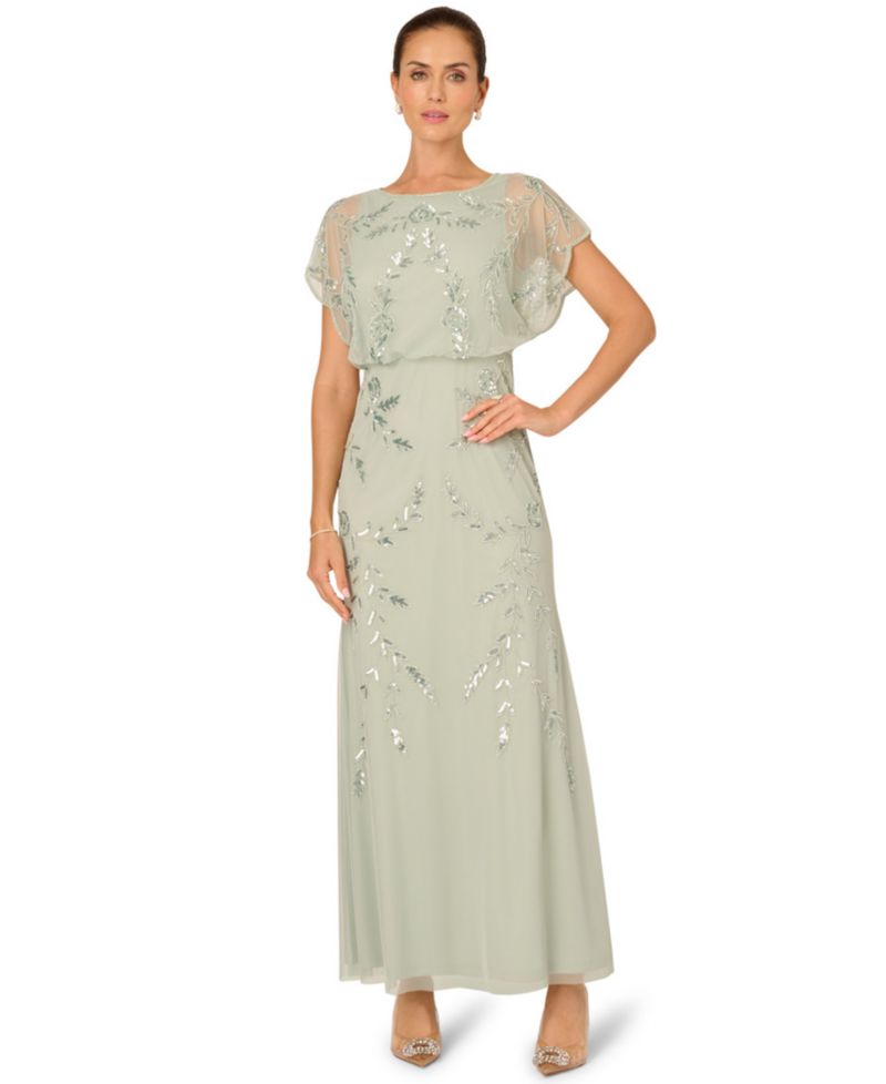 Women's Beaded Flutter-Sleeve Blouson Gown