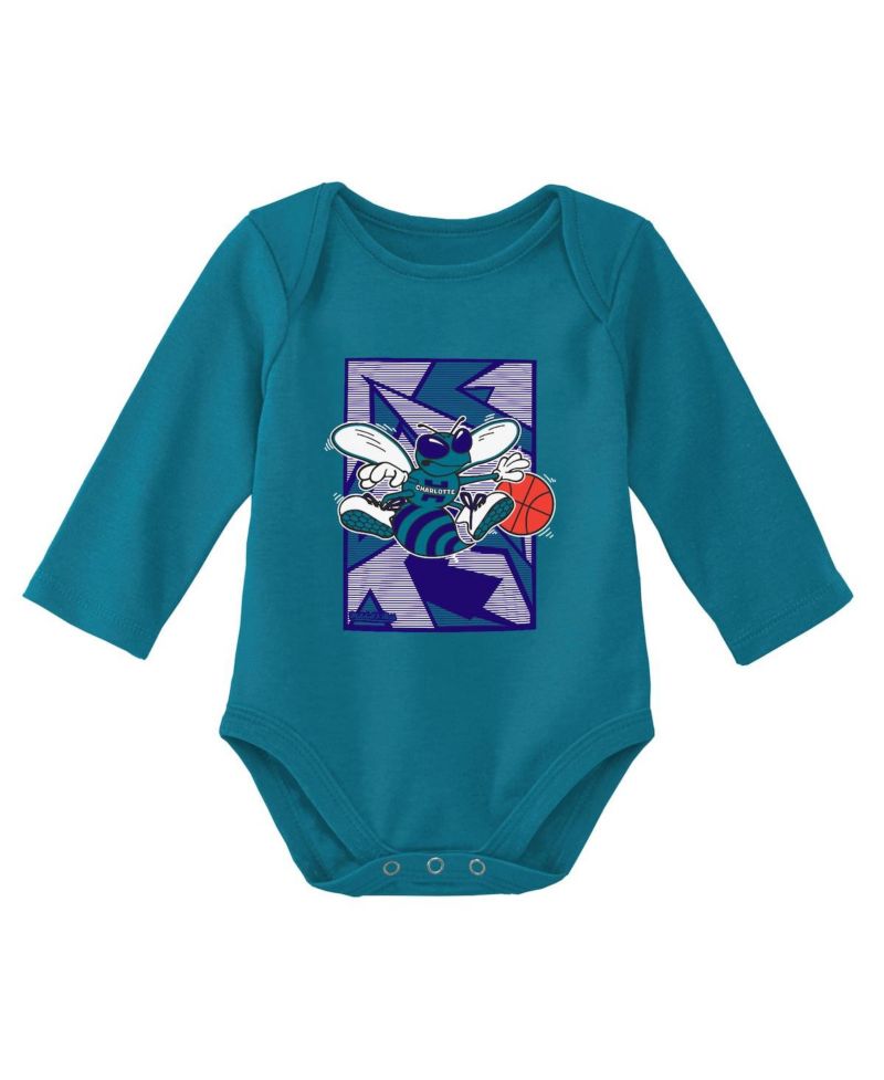 Newborn and Infant Boys and Girls Purple, Teal Charlotte Hornets 3-Piece Hardwood Classics Bodysuits and Cuffed Knit Hat Set