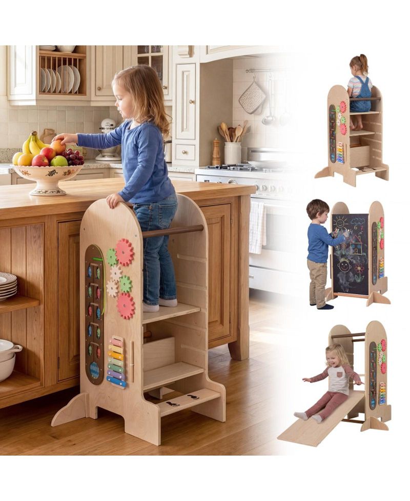 Kids 4-in-1 Adjustable Standing Tower with Chalkboard Slide and Montessori Games
