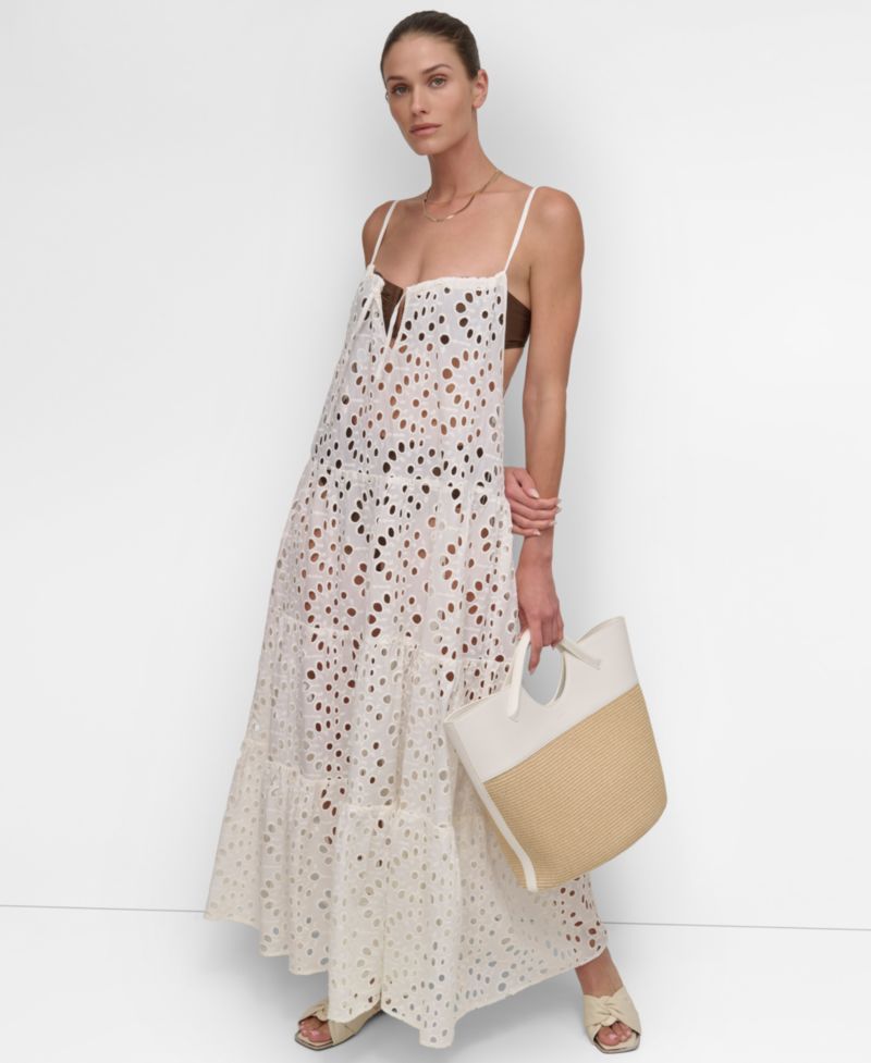 Women's Tiered Eyelet Maxi Dress Swim Cover-Up