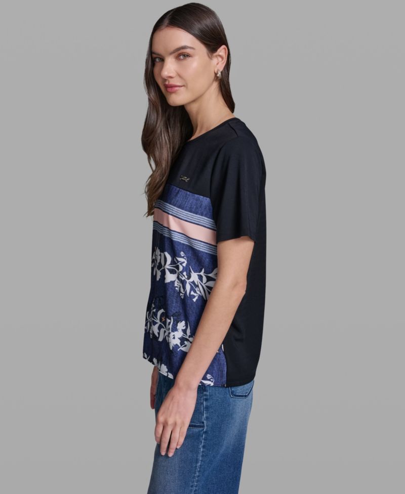 Women's Short-Sleeve Mix-Media Printed Knit Top