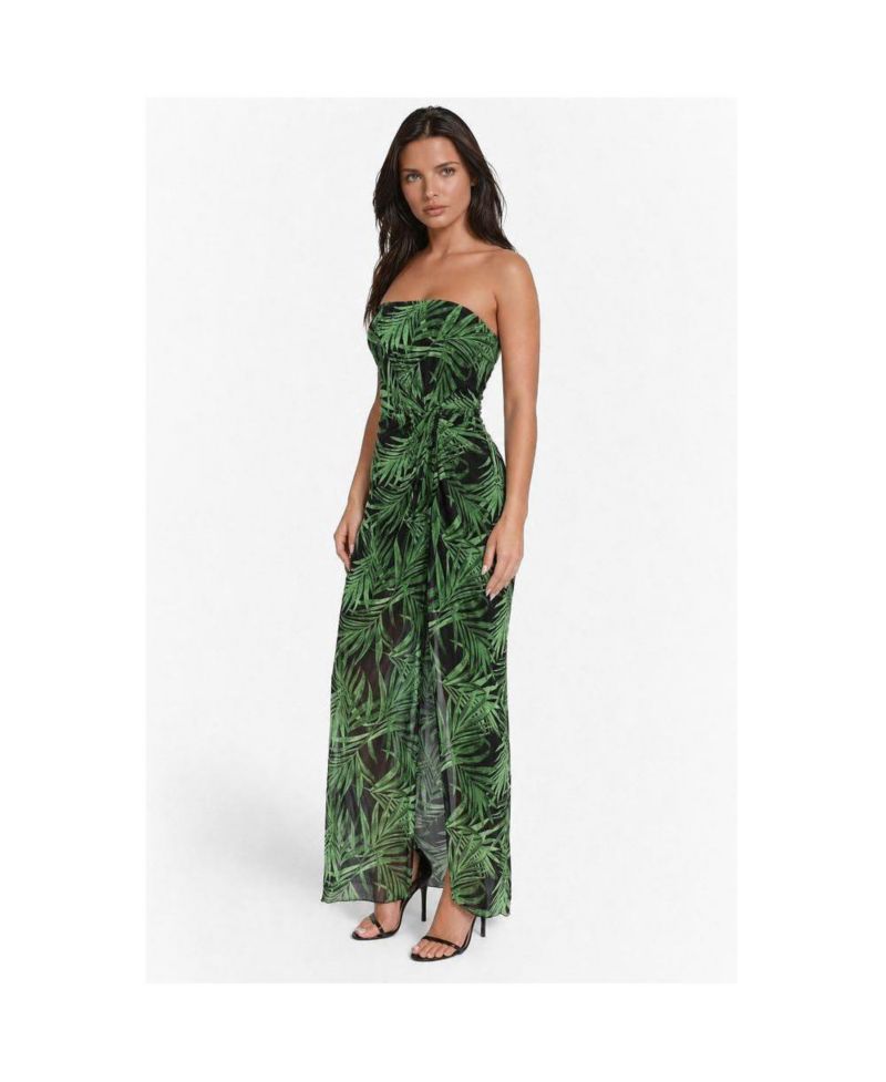 Women's Printed Mesh Twist Waist Strapless Maxi Dress