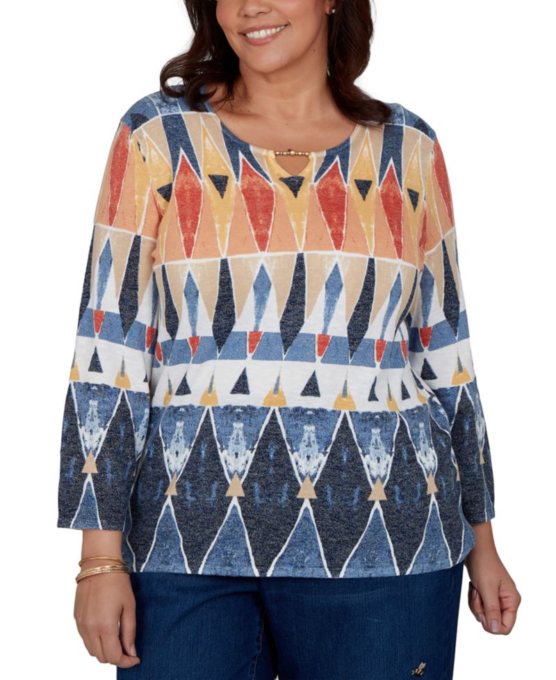 Plus Size 3/4-Sleeve Geometric-Print Keyhole Pullover Sweater