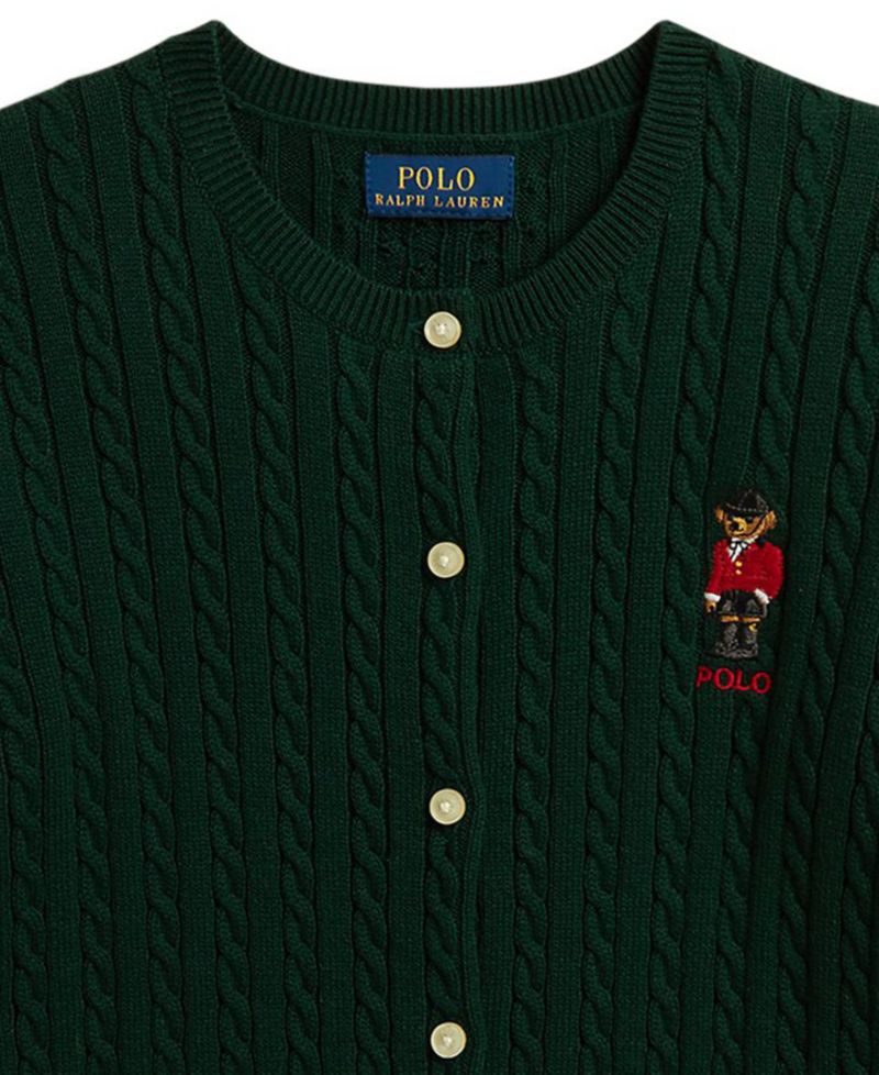 Girls' 7-16 Polo Bear Mini-Cable Cotton Cardigan