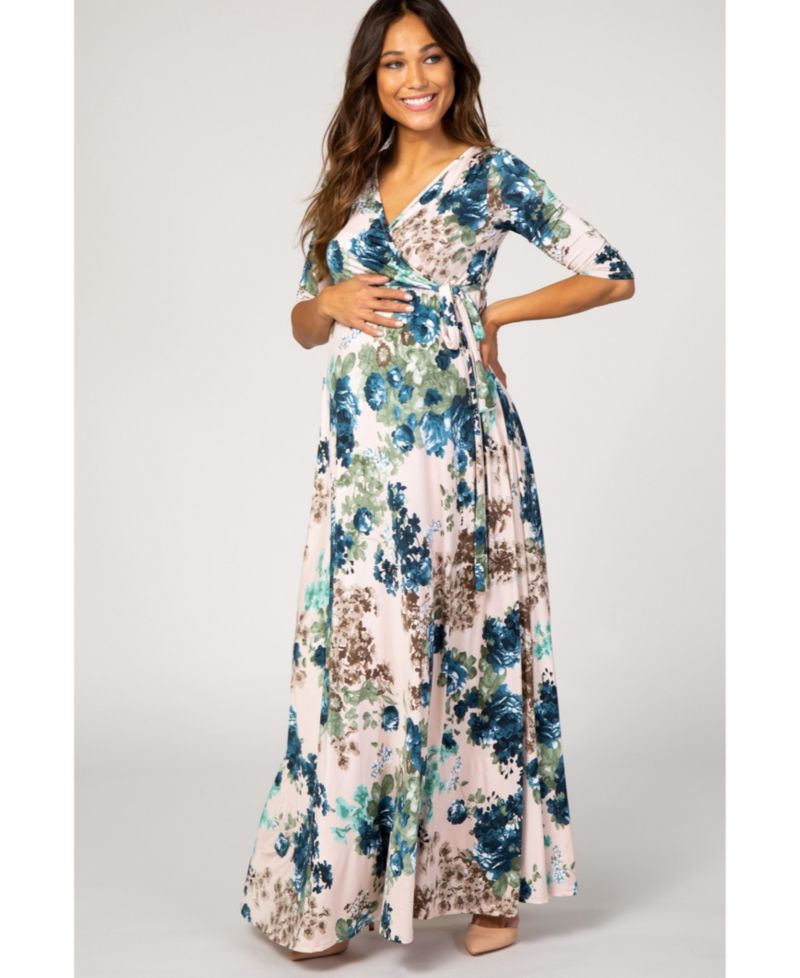 Women's Light Pink Floral Sash Tie Maternity/Nursing Dress