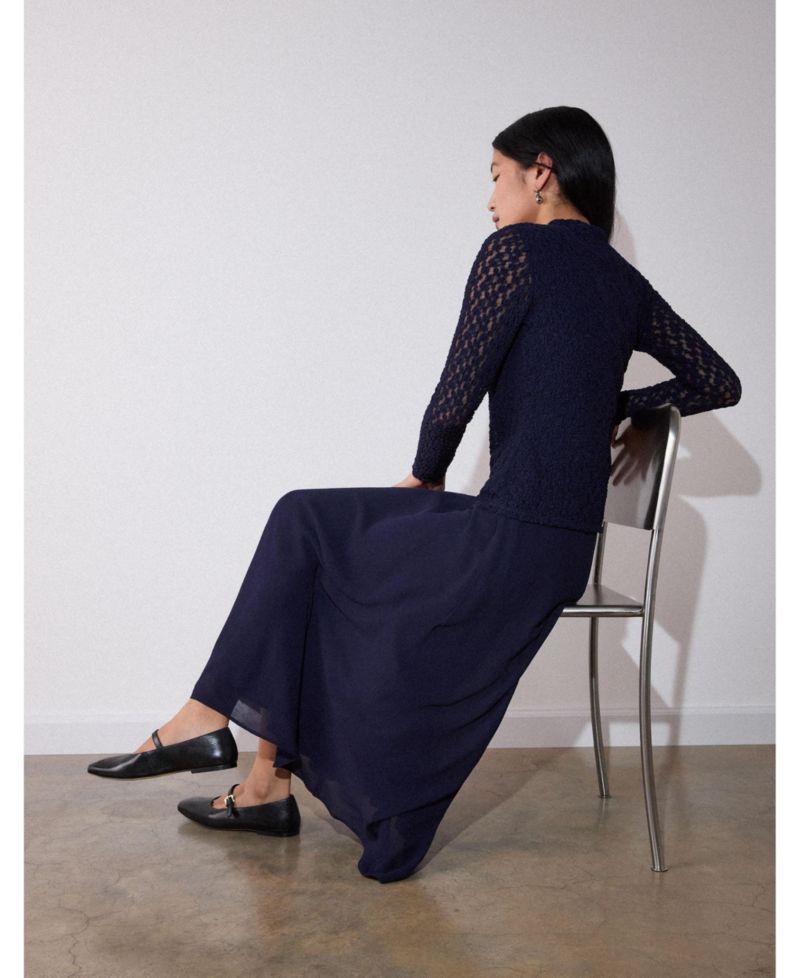 Women's Drop Waist Long-Sleeve Lace Midi Dress