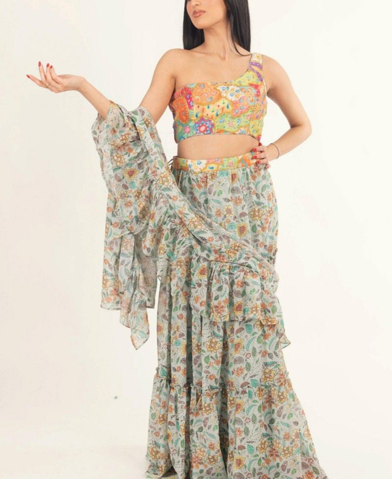 Women's One-Shoulder Floral Ruffle Saree Dress