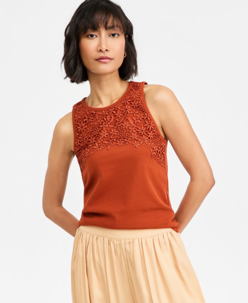 Women's High-Neck Sleeveless Lace-Trim Tank Top