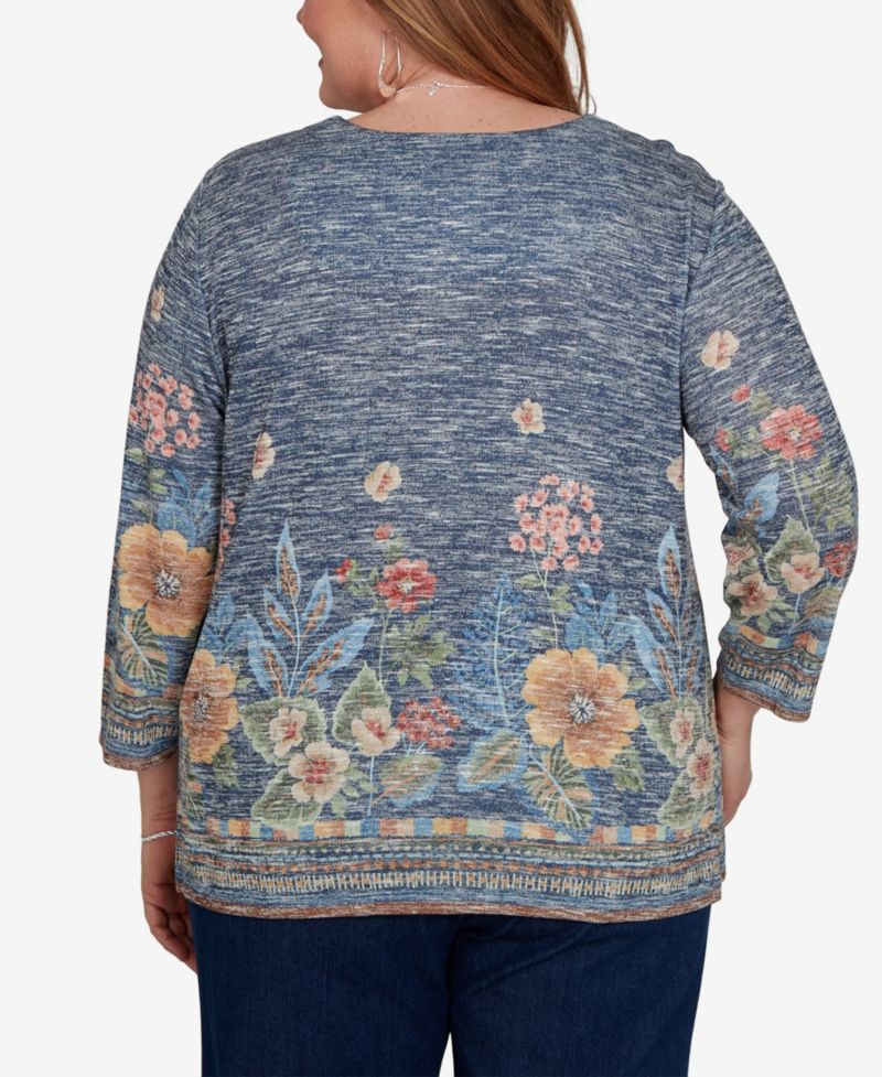 Plus Size Floral 3/4-Sleeve Square-Neck Top