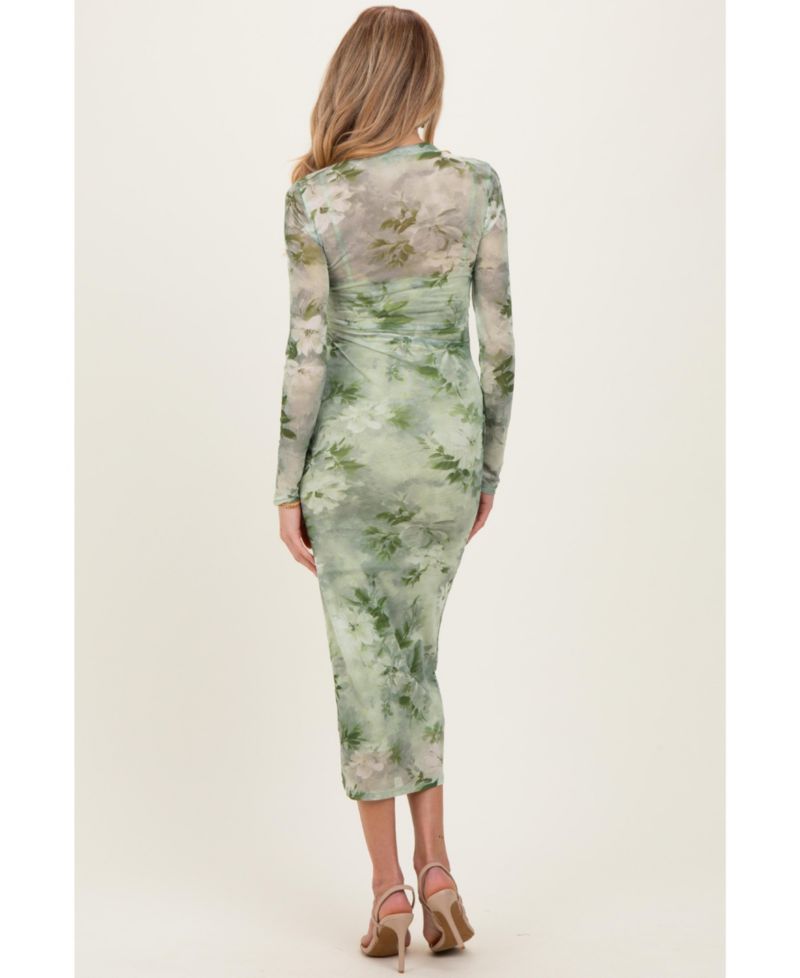 Women's Light Olive Floral Mesh Overlay Maxi Dress