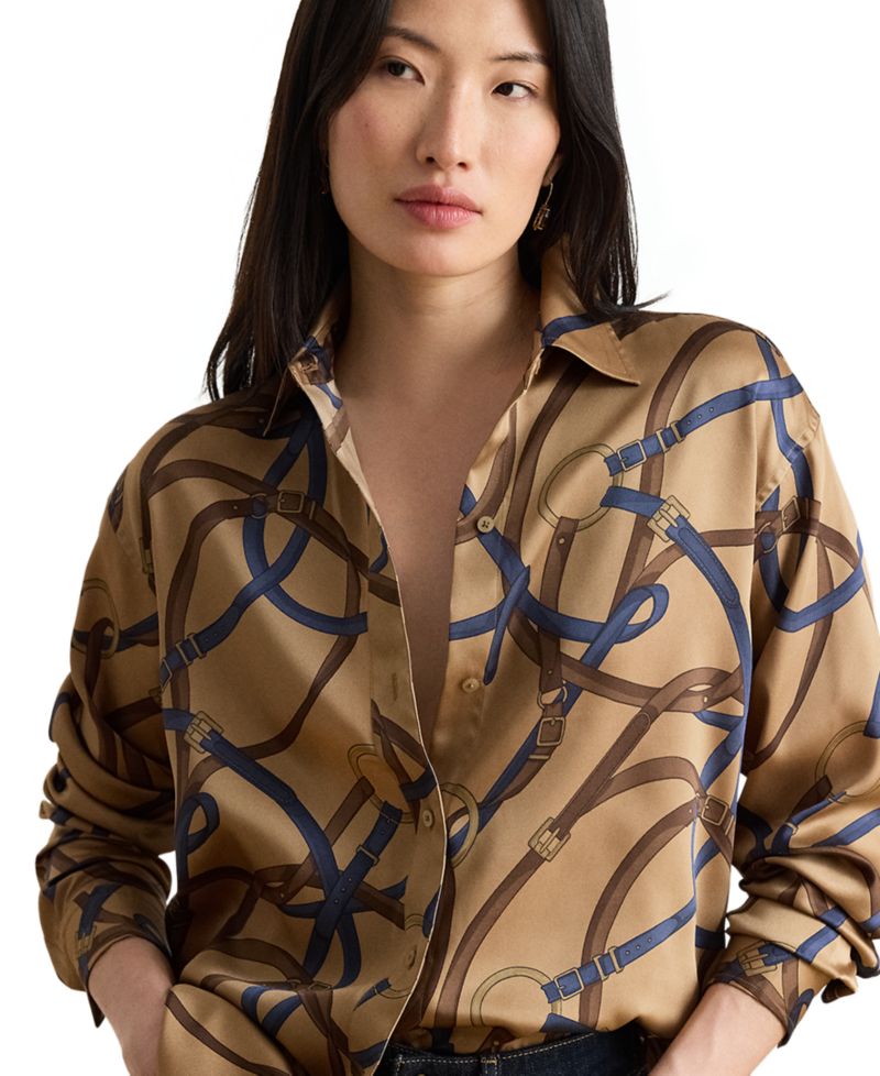 Petite Belting Print Collared Shirt