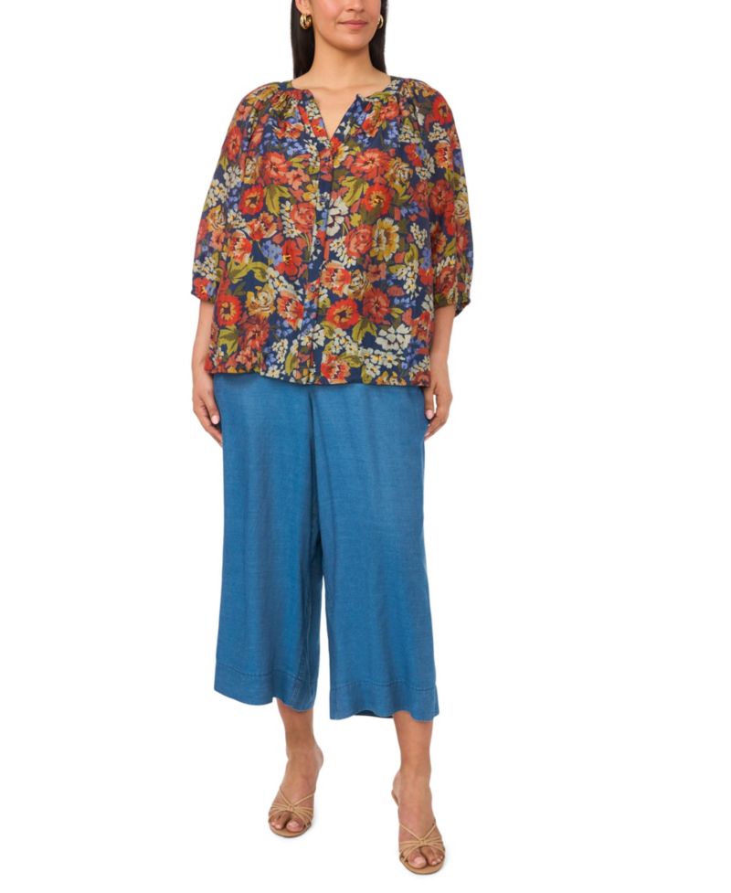 Plus Size Raglan Sleeve V-Neck 3/4-Sleeve Blouse