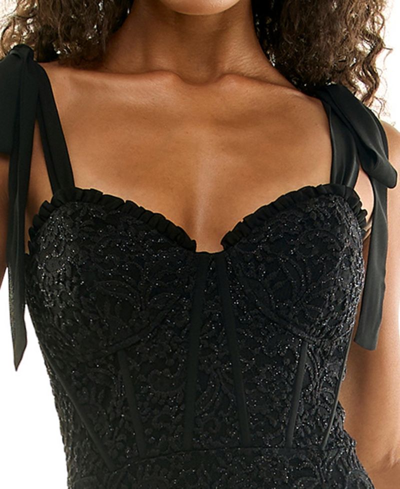 Juniors' Glitter-Lace Tie-Shoulder Sweetheart Gown