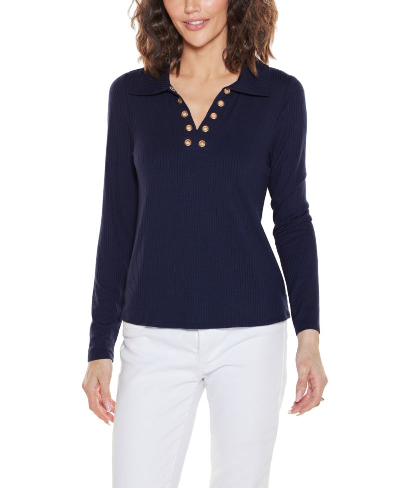 Plus Grommet-Trim Split-V Knit Top