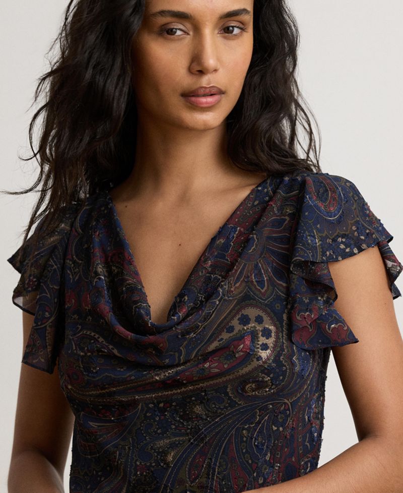 Women's Paisley Clipped Jacquard Cowlneck Gown