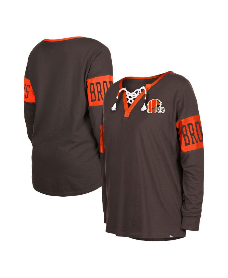 Women's Brown Cleveland Browns Lace-Up Notch Neck Long Sleeve T-shirt
