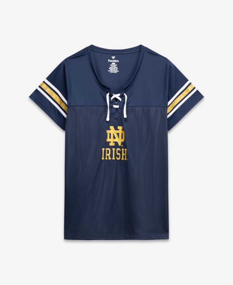 Women's Navy Notre Dame Fighting Irish Plus Size Mesh Overlay Lace-Up Jersey T-Shirt