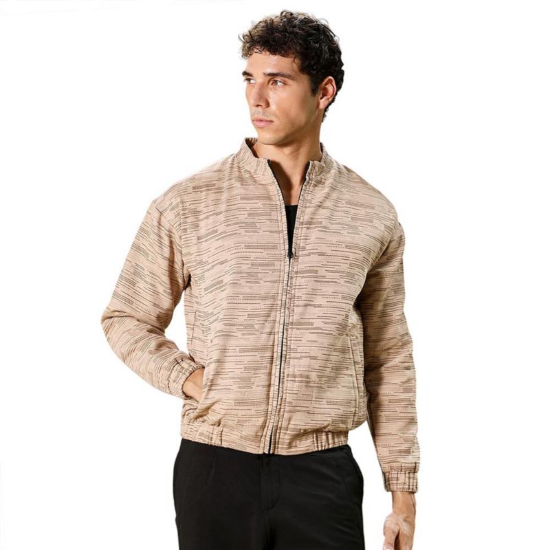 Men's Sand Beige Lined-Jacquard Bomber Jacket