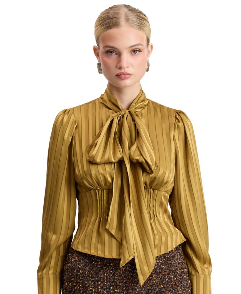 Women's Long-Puff Sleeve Scarf-Tie Neck Blouse