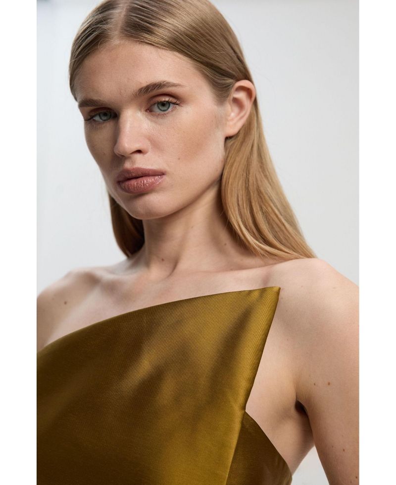 Women's Satin Twill Asymmetric Neck Midi Dress