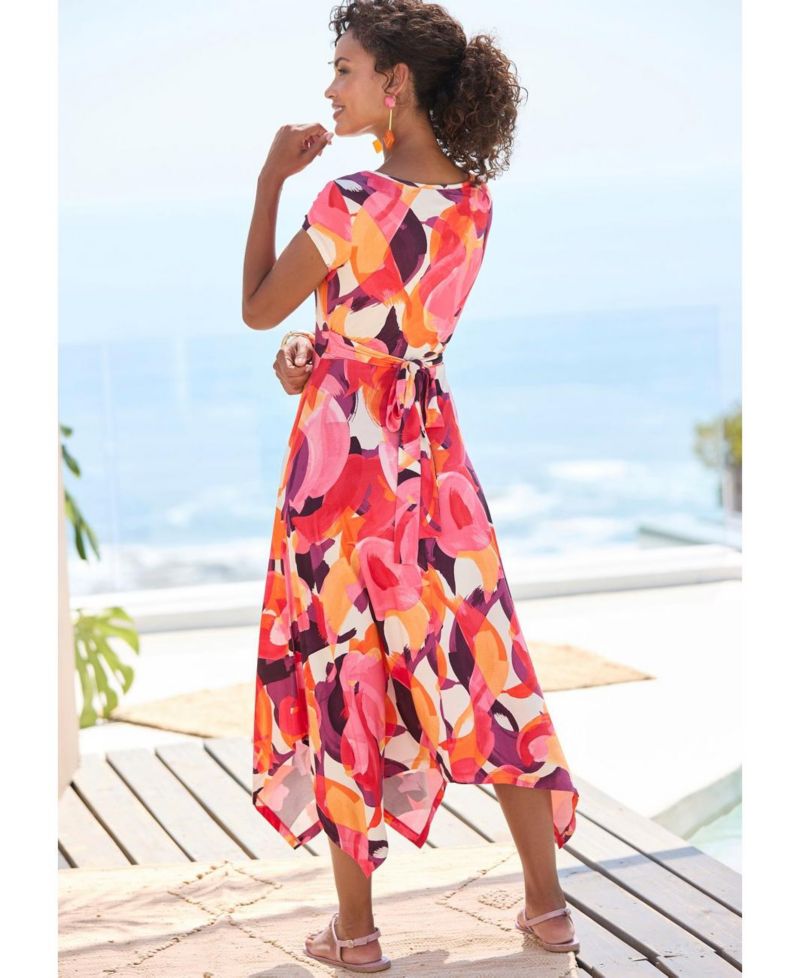 Women's Viscose Printed Handkerchief V-Neck Tie-Waist Midi Dress