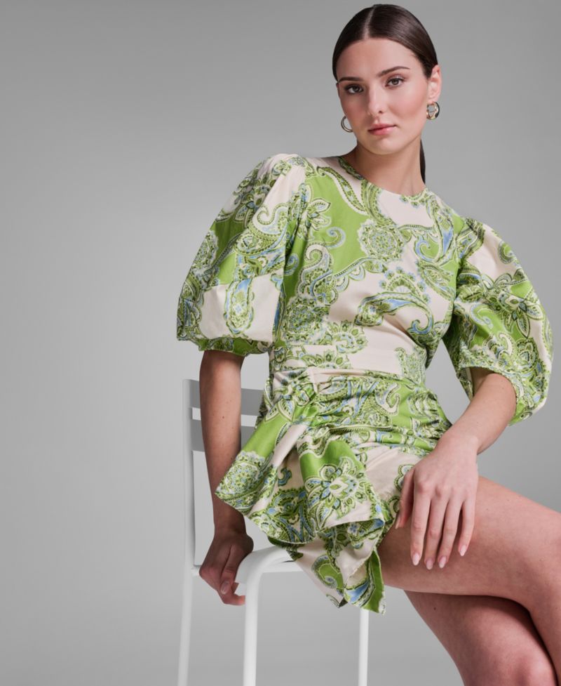 Women's Paisley Print Ruffle Detail Crewneck Dress