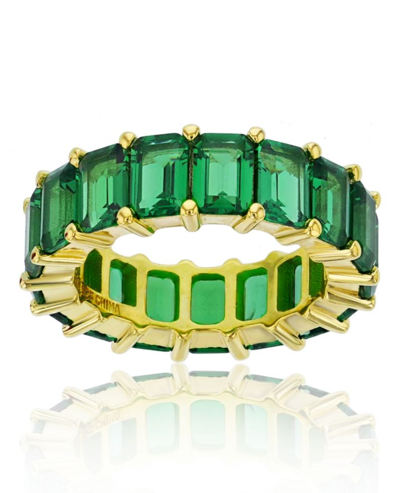 Green Emerald Cut Cubic Zirconia Eternity Band in 14k Yellow Gold Plated Sterling Silver