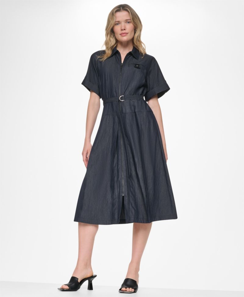Women's Collared Short-Sleeve Removable Belt Midi Dress
