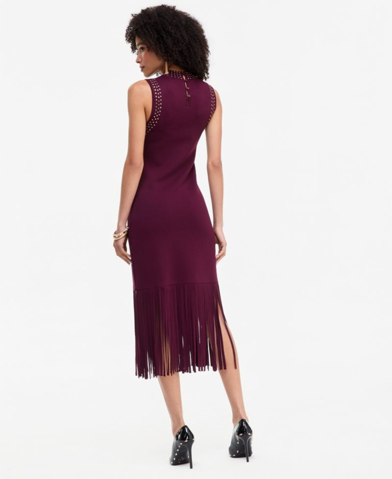 Women's Sleeveless Midi Fringe-Trim Sweater Dress
