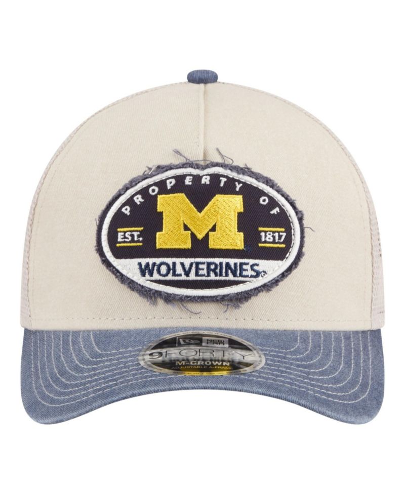 Men's Stone/Navy Michigan Wolverines Frayed Patch 9FORTY M-Crown A-Frame Trucker Adjustable Hat