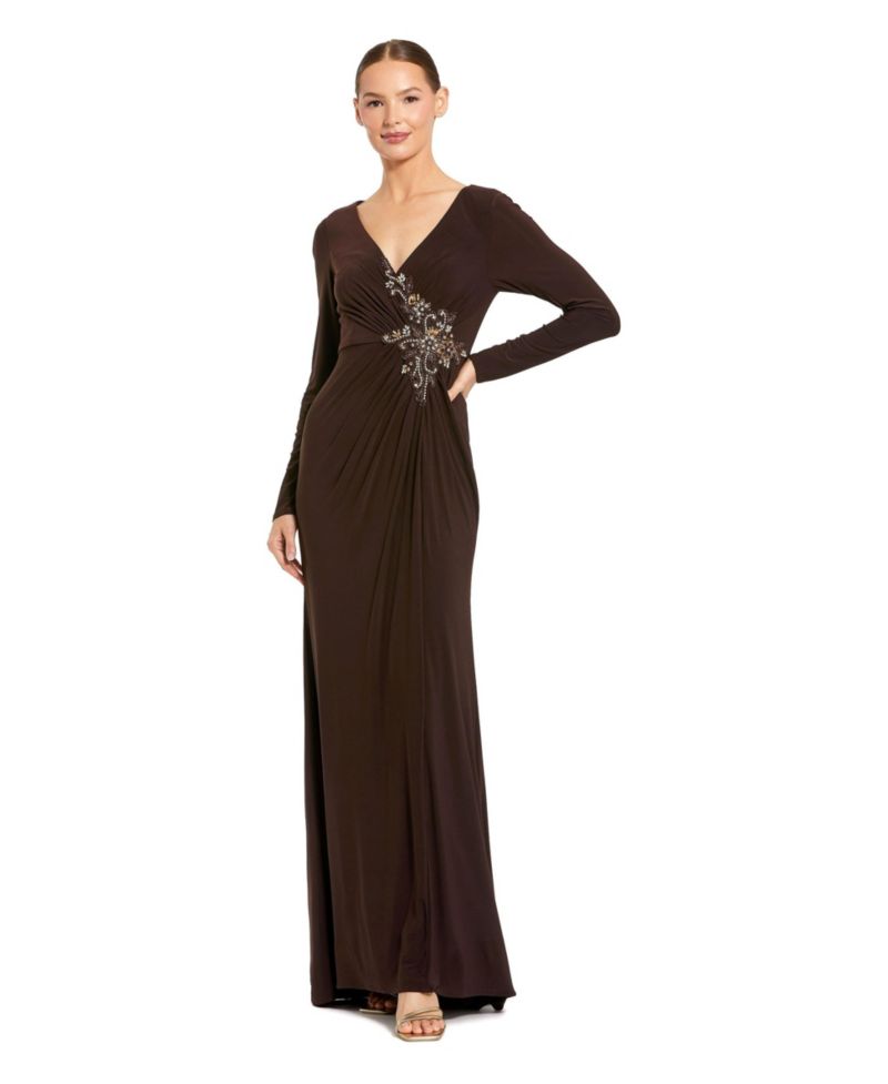 Women's Faux Wrap Long Sleeve Evening Gown with Appliqu&eacute; Detail