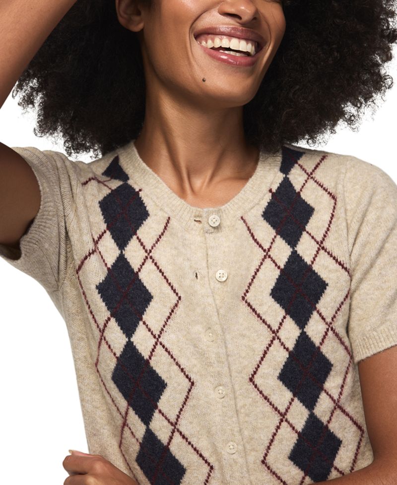 Women's Argyle Crew-Neck Short-Sleeve Cardigan