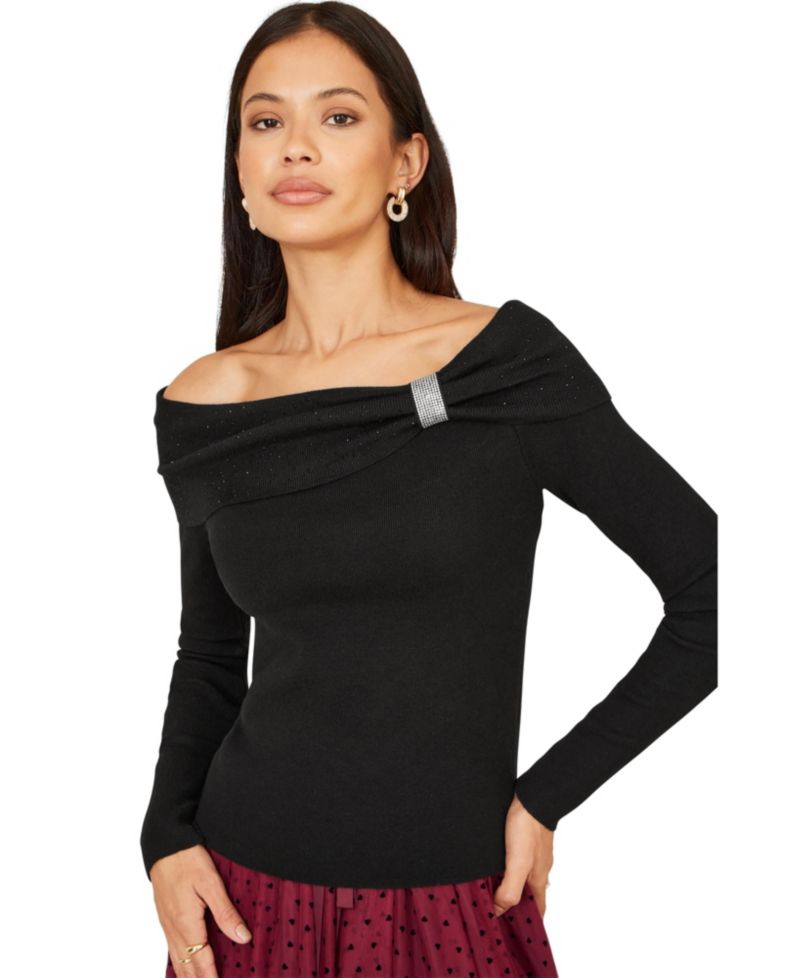 Women's Rhinestone Diamante Bardot Neck Jumper