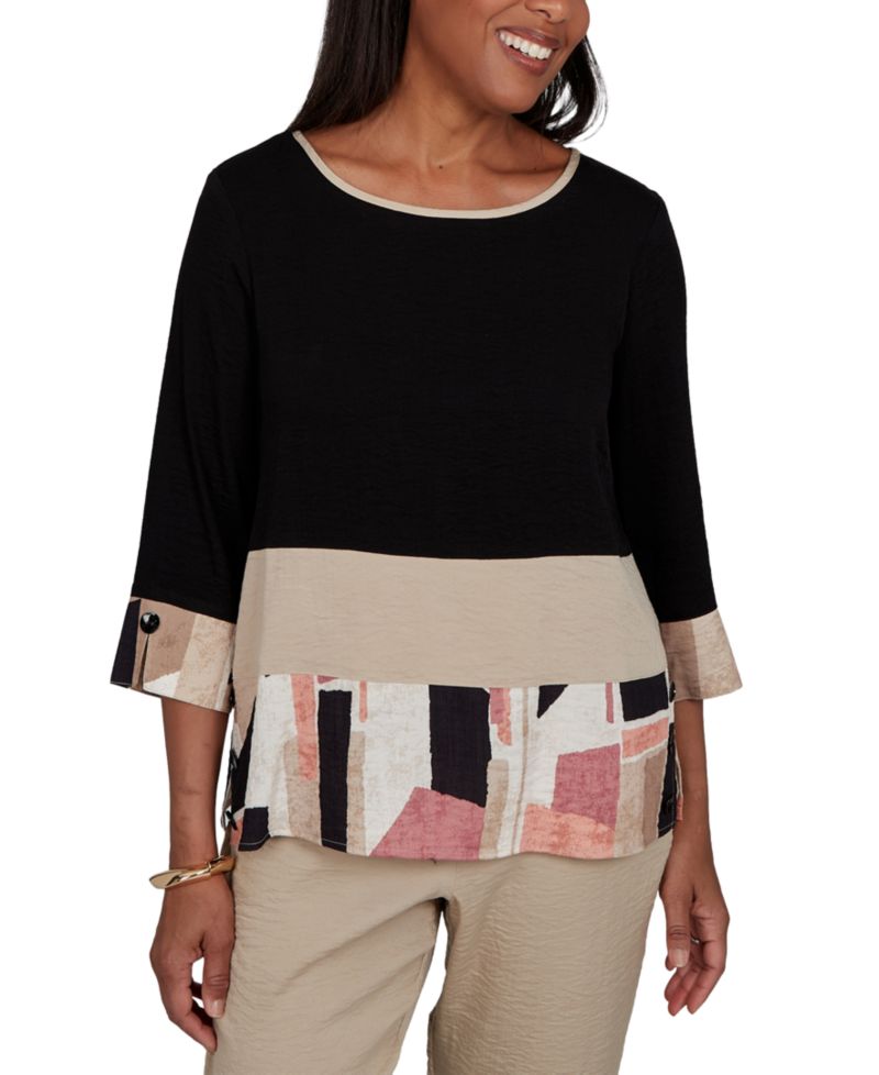 Petite Travel Advisory Patchwork 3/4-Sleeve Woven Blouse