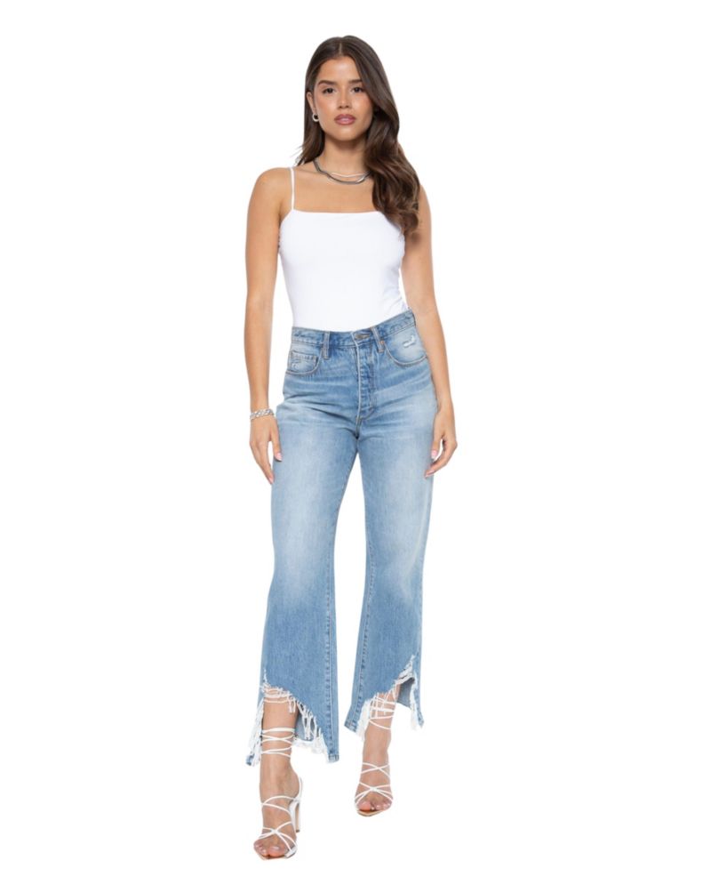 Women's Athens High Waisted Straight Leg Frayed Hem 100% Cotton Jeans
