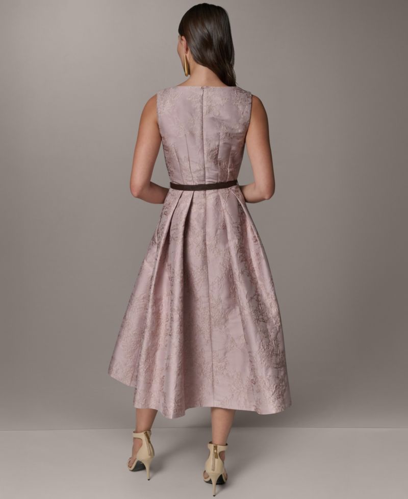 Women's Jacquard Asymmetrical Neck Fit & Flare Dress with Belt