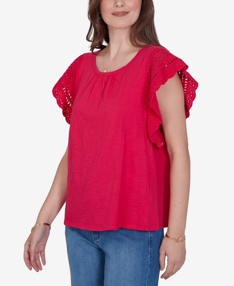 Petite Crochet-Sleeve Solid Cotton Blouse