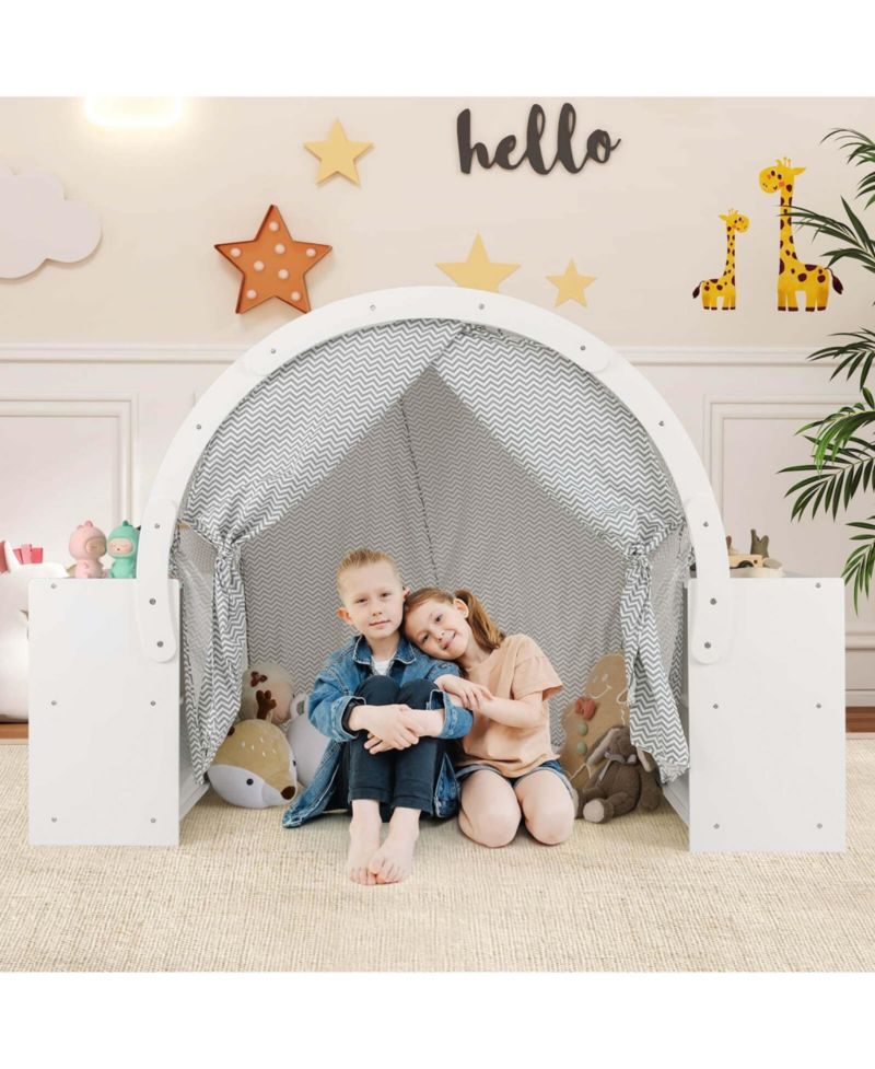 Wooden 8-Cubby Storage Playhouse with Curtain Shades