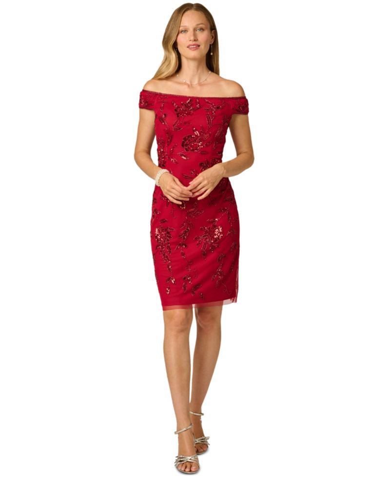 Women's Off-the-Shoulder Beaded Short-Sleeve Dress