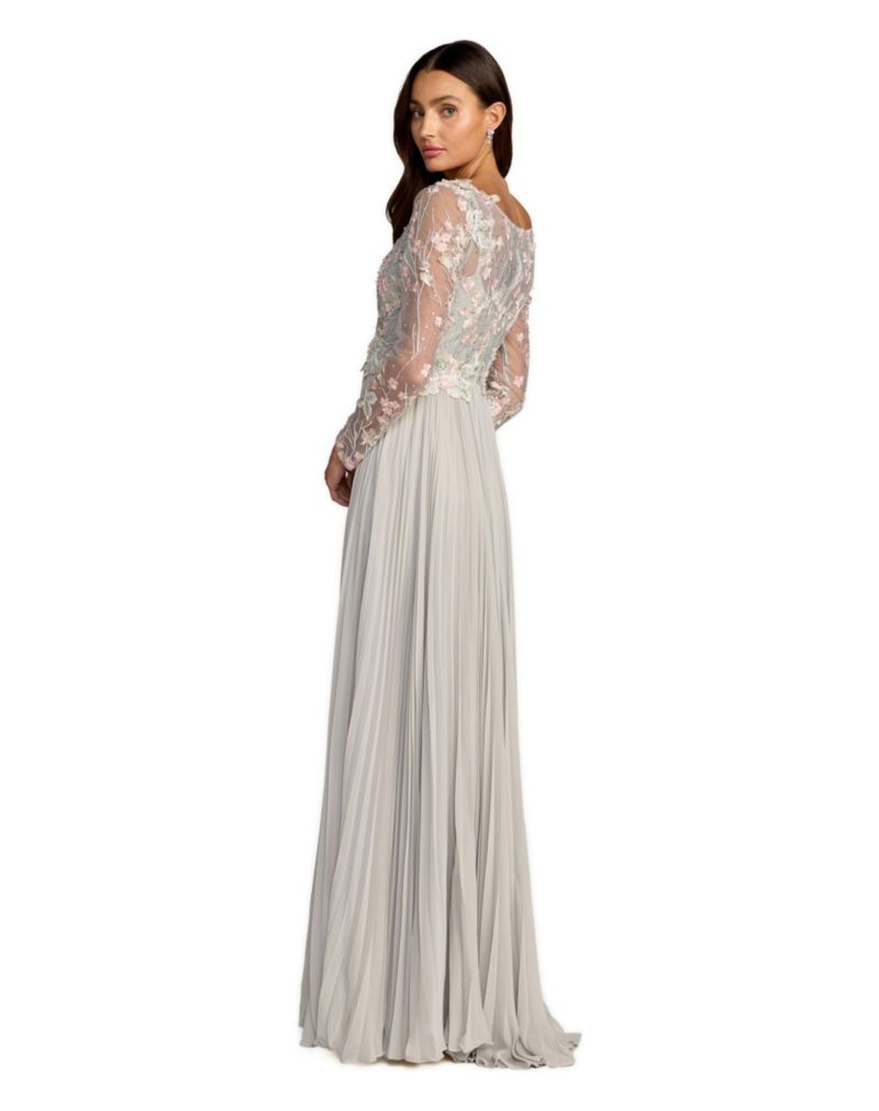 Women's Embroidered Long Sleeve V Neck Pleated Gown