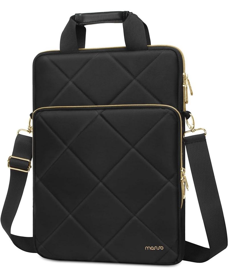15.6 Inch Laptop Messenger Bag, Rhombus Quilted Shoulder Briefcase with Front Pocket & Handle - Fits MacBook Pro 16, Dell, HP, Lenovo - Black