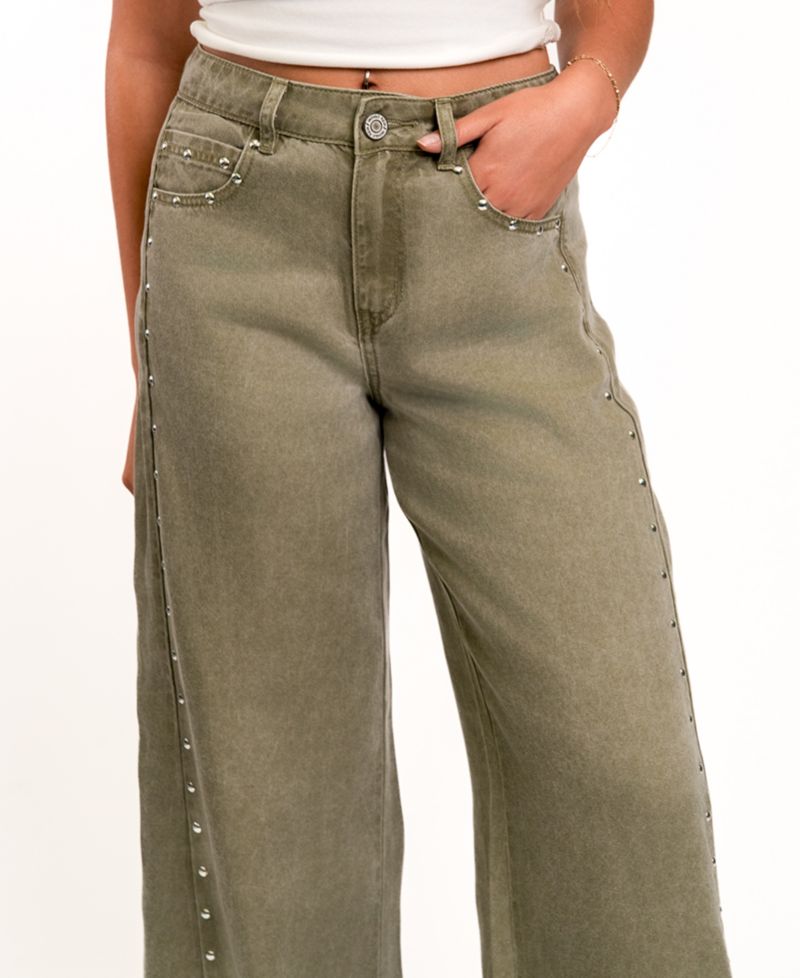 Juniors' High-Waisted Wide-Leg Studded Jeans