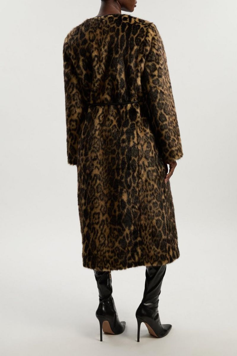 Women's Faux Fur Collarless Tie Belted Midi Coat