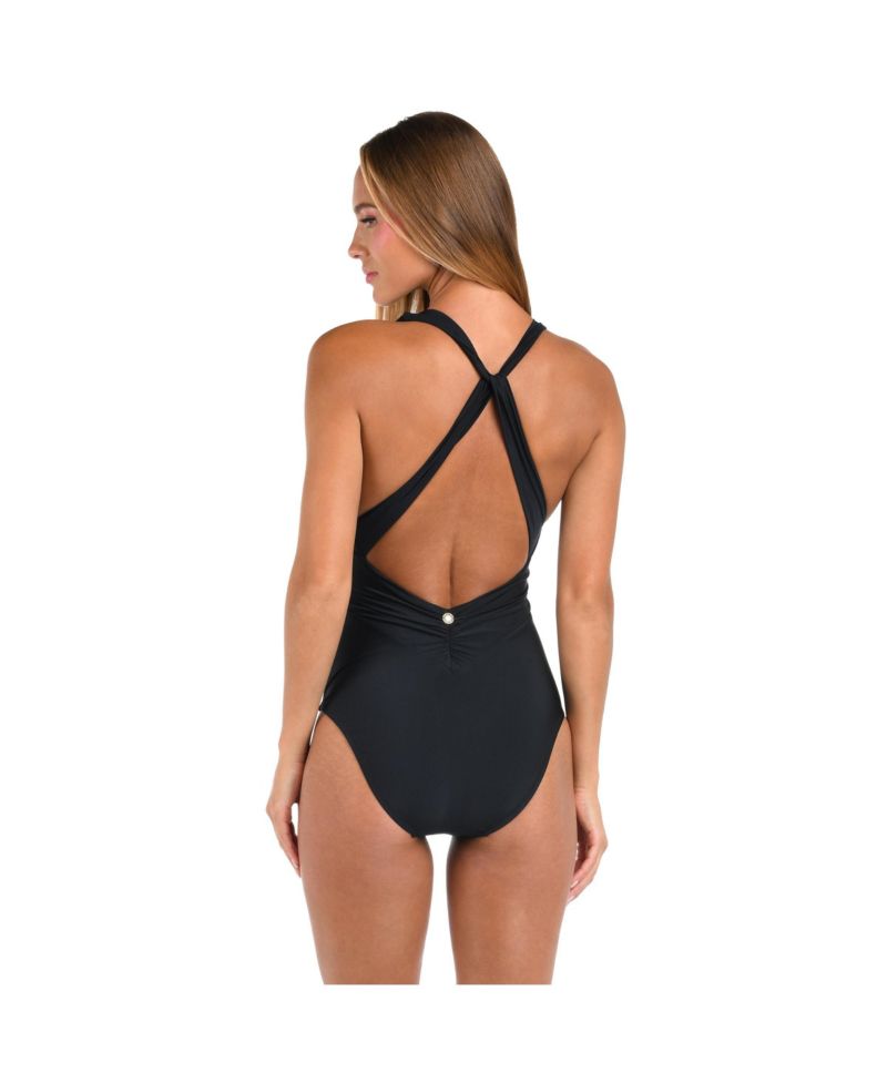 Women's One Piece Swimsuit Sunshine Solids V Plunge Halter Twist Back